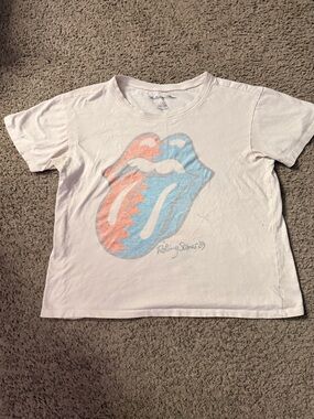 the Rolling Stones White Tee with Blue & Orange Tongue Graphic